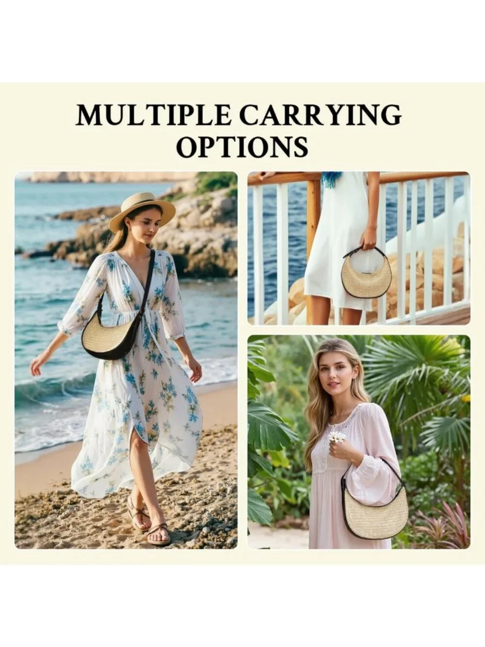 Stylish Straw Crescent Hobo Bag for Women | 3-Way Carry: Handbag, Shoulder